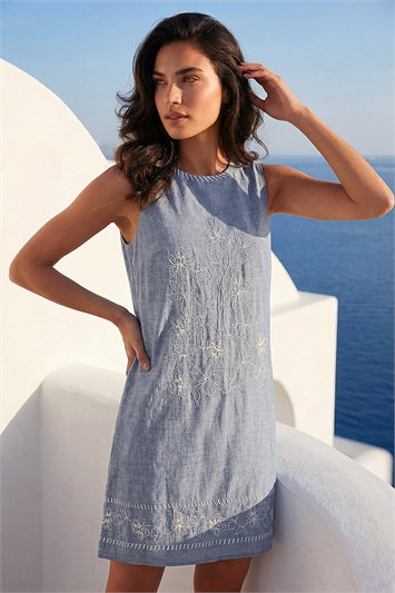 Blue Embroidered Swing Mini Dress
