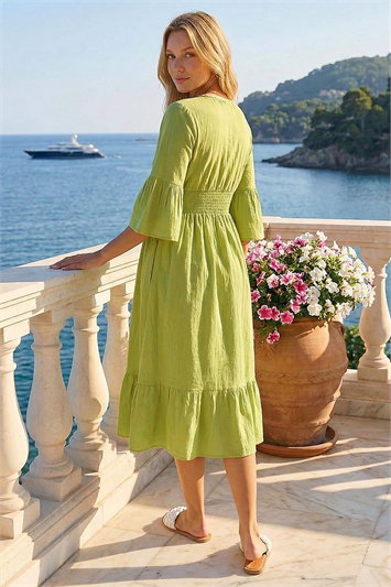Linen Look Shirred Midi Dress 14732649