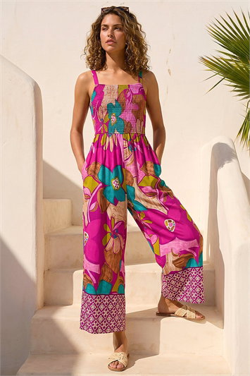 Purple Floral Border Ruched Jumpsuit