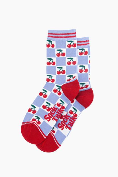 Cherry Checkerboard Bamboo Socks in Blue M000035396