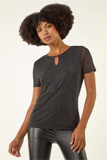 Black Embellished Keyhole Stretch Top