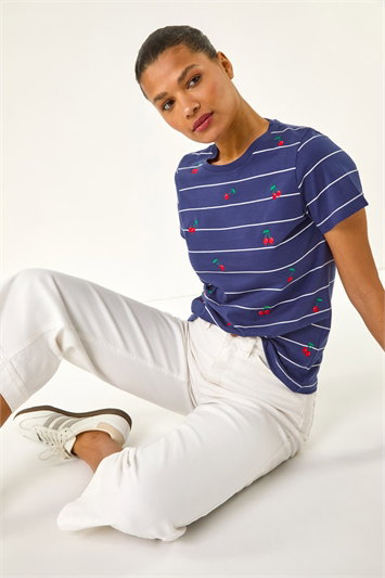 Blue Embroidered Cherry Cotton Tee