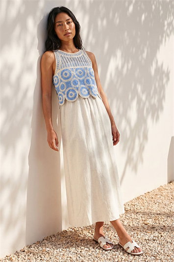 Blue Petite Crochet Top Linen Blend Maxi Dress