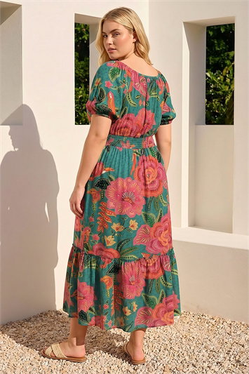 Curve Floral Shirred Waist Midi Dress 14876034