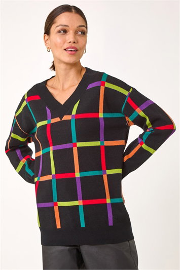 Grid Pattern V-Neck Knit Jumper 16140908