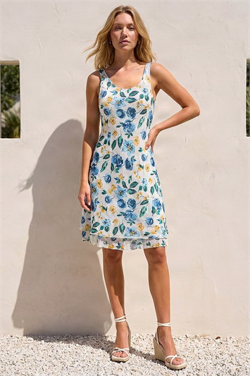Blue Floral Print Double Layer Dress