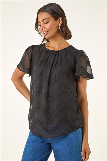 Black Jacquard Zig Zag Top