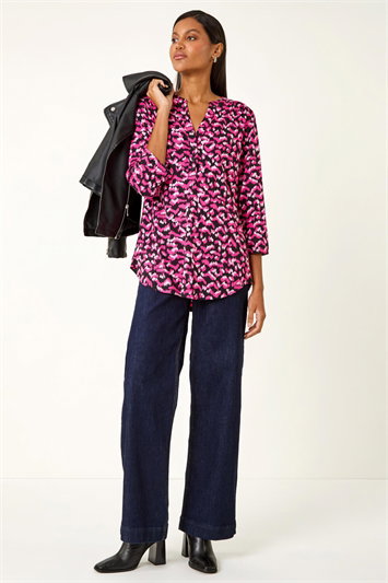 Pink Abstract Print Pintuck Tunic Top