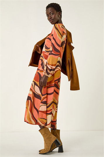 Orange Abstract Print Midi Dress