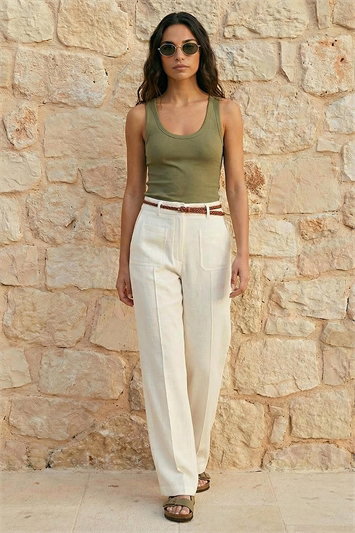 White Linen Blend Belted Trouser