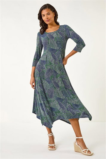Leaf Puff Print Hanky Hem Midi Dress 14656134
