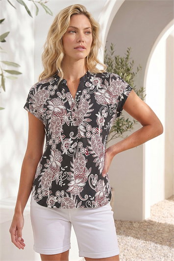 Black Floral Puff Print Lace Stretch Top