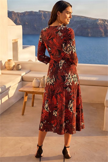 Leaf Print Wrap Midi Stretch Dress 14635764