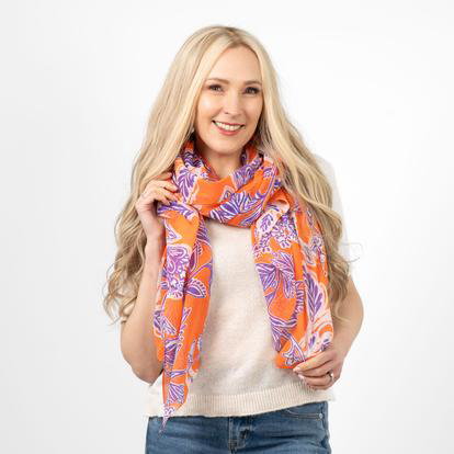 Orange Bold Floral Cotton Lightweight Scarf