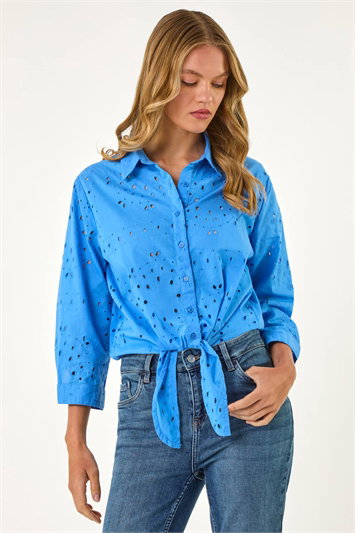 Blue Broderie Tie Hem Shirt