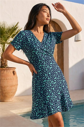 Blue Petite Polka Dot Frill Hem Dress
