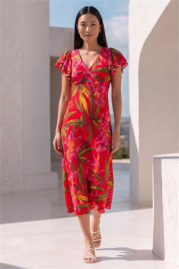 Leaf Print Frill Midi Dress 14707778