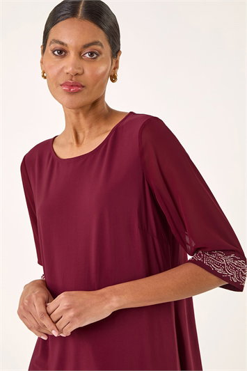 Red Embellished Cuff Chiffon Top
