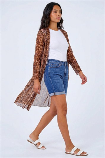 Brown Metallic Animal Print Plisse Kimono