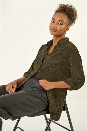 Green Hotfix Button Through Shirt