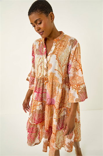 Orange Cotton Printed Frill Smock Dress