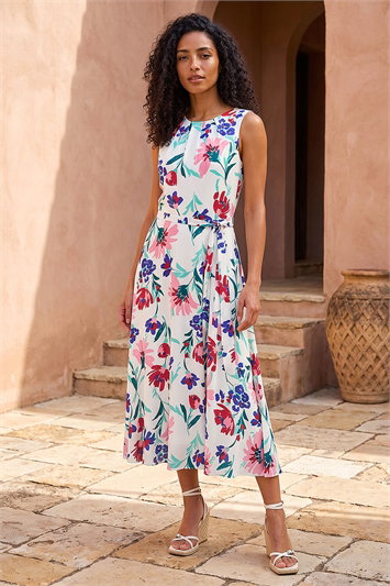 White Pleat Neck Floral Midi Dress