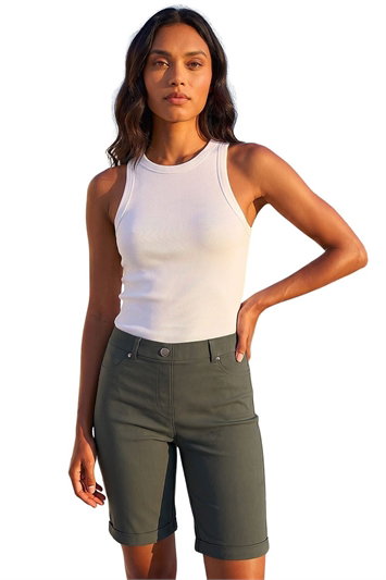 Green Elastic Waist Turn Up Stretch Shorts