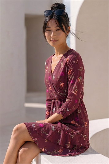 Petite Floral Wrap Frill Stretch Dress 14897395