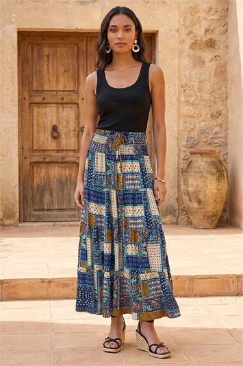 Paisley Print Shirred Maxi Skirt 17034409