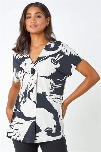 Palm Print Button Detail V-Neck Top 19229408