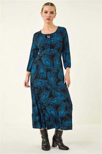 Petite Feather Print Keyhole Midi Dress 14896809