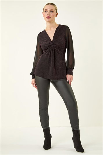 Petite Twist Front Chiffon Sleeve Stretch Top 19243972