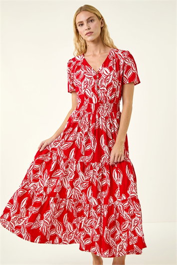 Leaf Print Shirred Maxi Dress 14839078