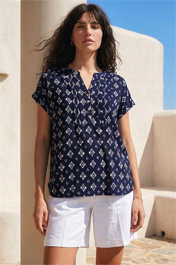 Blue Aztec Print Button V-Neck Detail Top
