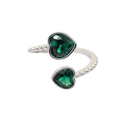 Metallic Double Heart Emerald Heart May Birthstone Adjustable Silver Ring