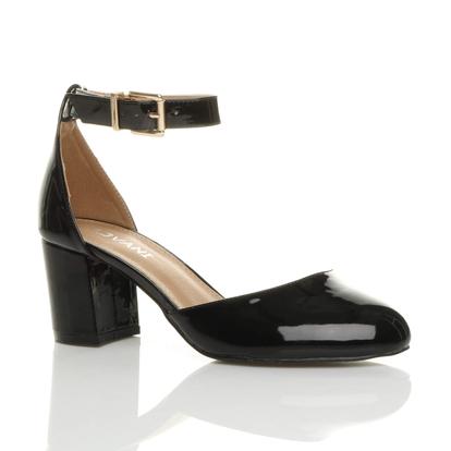 Black Mid Block Heel Ankle Strap 2 Part Heels