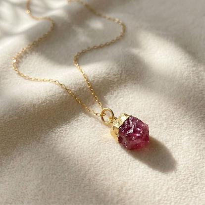 Metallic Raw Pink Tourmaline October Birthstone Gold Plated Charm Necklace