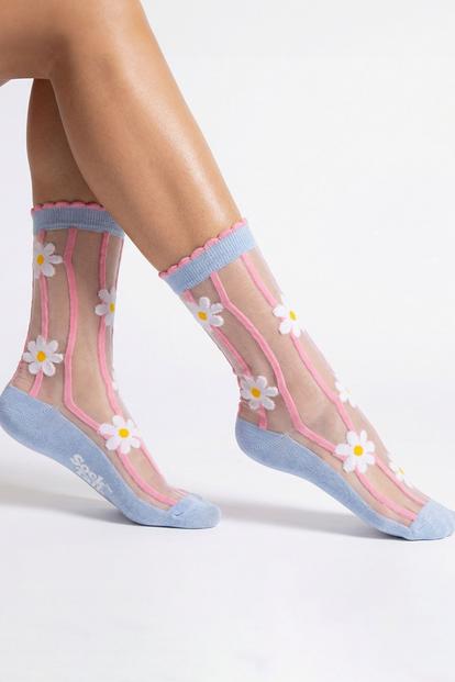 Multi Daisy Stripes Combed Cotton Sheer Pop Socks In Blue/Pink
