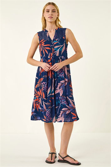 Blue Leaf Print V-Neck Tiered Dress