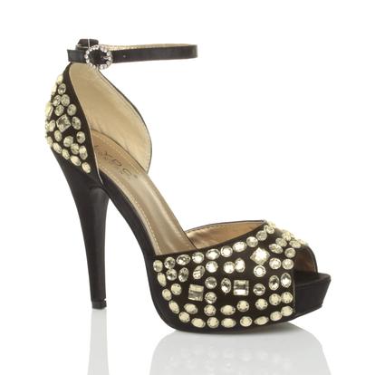 Black High Heel Gem Ankle Strap Peep Toe 2 Part Heels