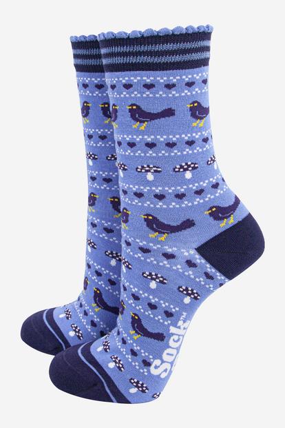Blue Fair Isle Blackbirds Bamboo Socks - Blue