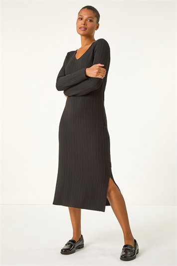 Wave Textured V-Neck Stretch Midi Dress 14595508