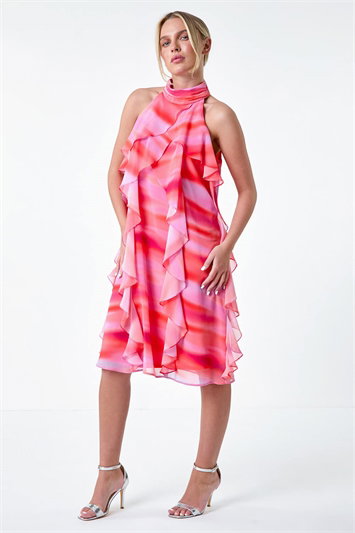 Petite Abstract Halter Neck Ruffle Dress 14573564