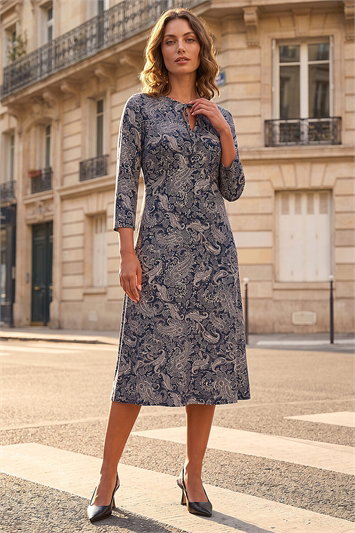Blue Petite Paisley Tie Neck Dress