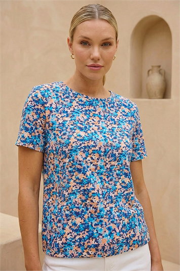 Blue Floral Print Elasticated Hem Top