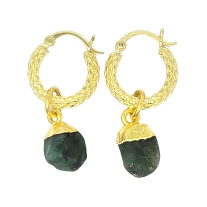 Metallic Raw Emerald May Birthstone Huggie Hoops Gold Vermeil Plated Gemstone Earrings