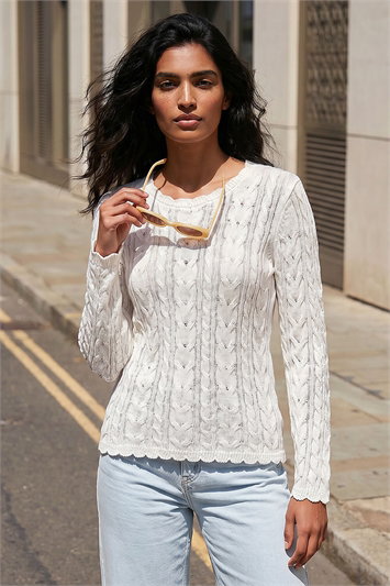 White Scallop Trim Cable Knit Jumper