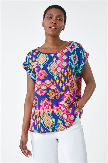 Blue Aztec Print Short Sleeve Top