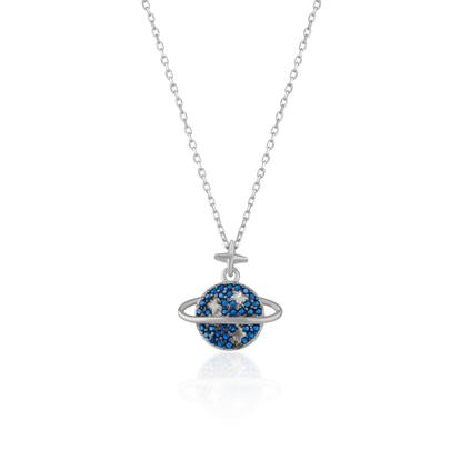 Metallic Blue Saturn Jewelled Sterling Silver Necklace