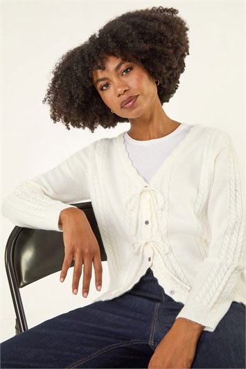 White Bow Front Buttoned Knit Cardigan